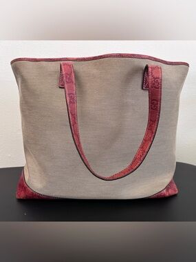 Gucci Beige Canvas Tote with Burgundy Leather Handles